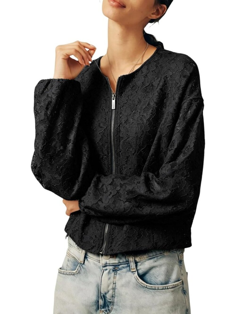 Floral Lace Crop Jacket for Women | Long Sleeve Zip Coat | Trendy Spring Fashion